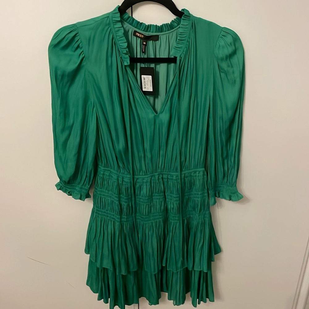 Maje green crepe mini dress ruffles and gathered. Elastic waist sz36  WWT